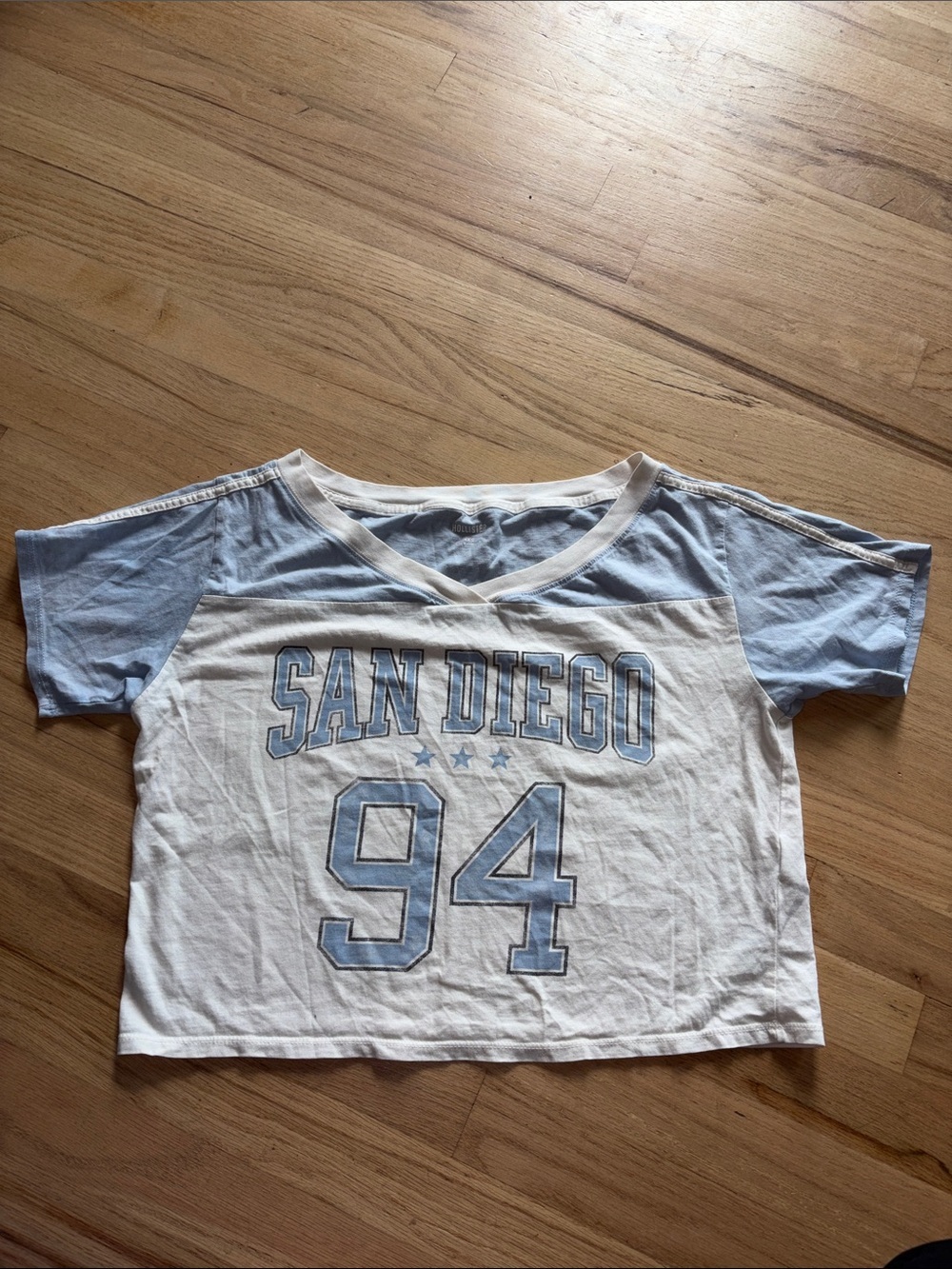 Hollister White Tee with Light Blue Raglan Sleeves and 'San Diego 94' Graphic
